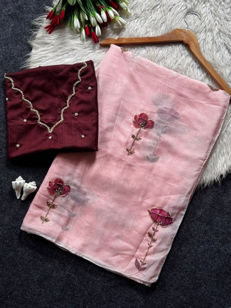 Tew Soft Organza Cut Dana Flower Handwork Saree